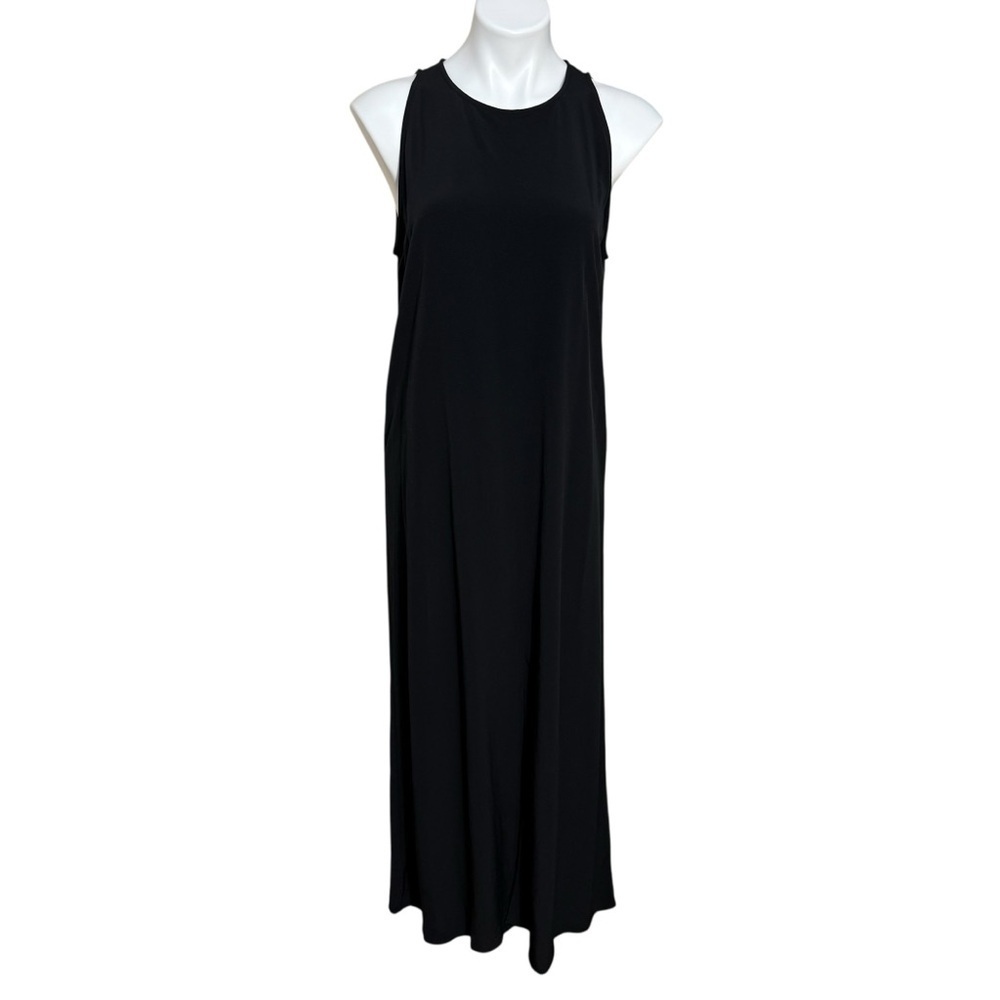 Eileen Fisher round neck black maxi dress slit in front size small minimalist